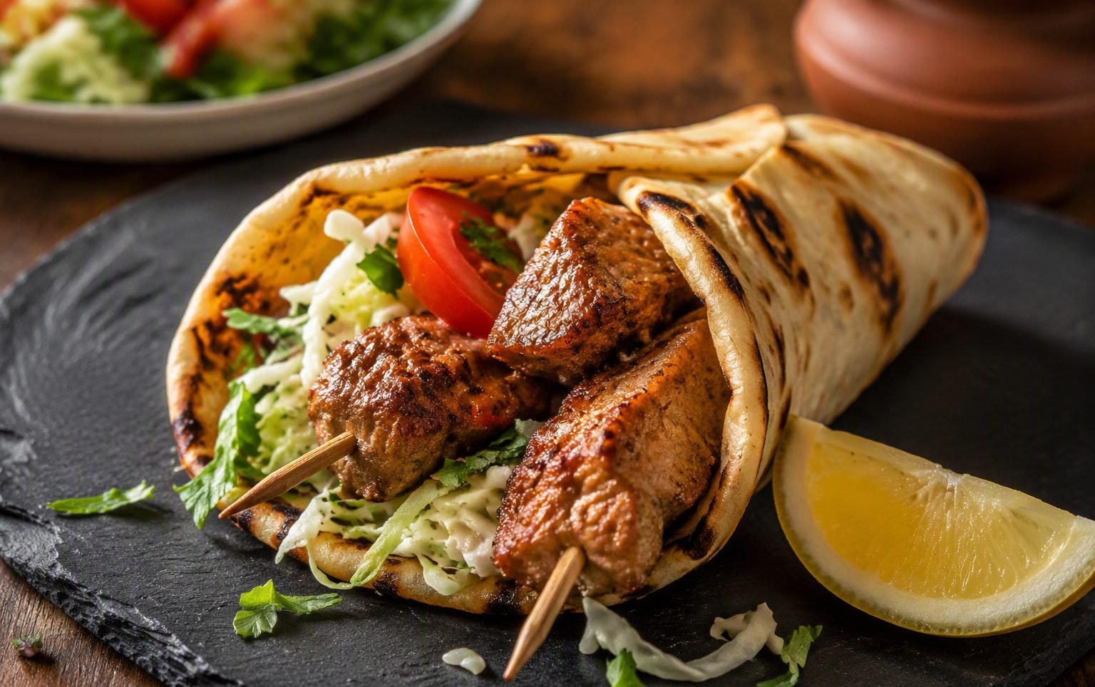 Cypriot pita with pork souvlaki