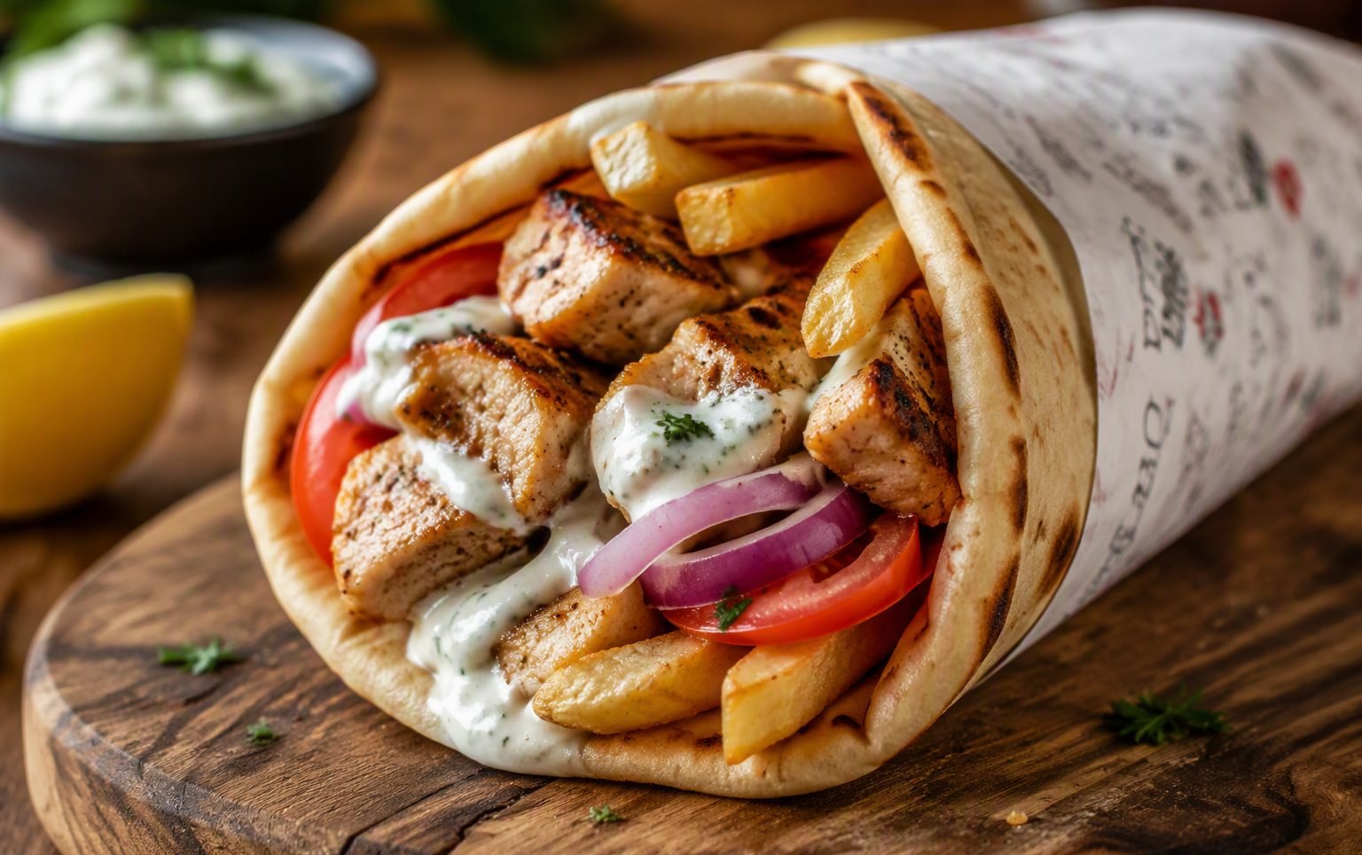 Greek pita with chicken souvlaki